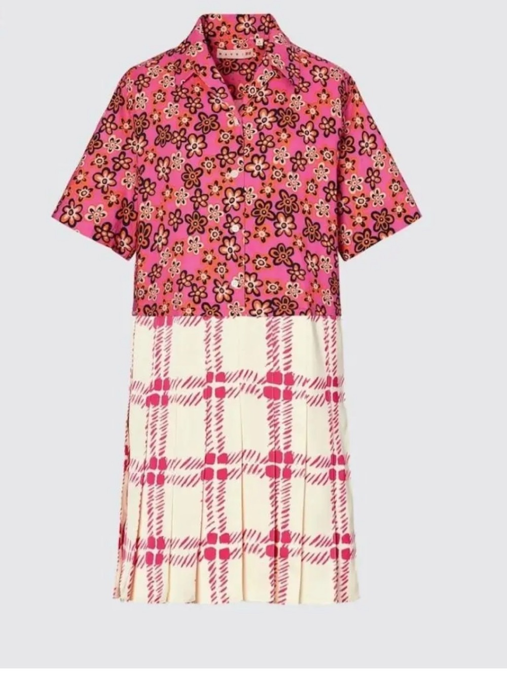 Marni Uniqlo Pink Floral and Cream Plaid Mixed-Print Dress